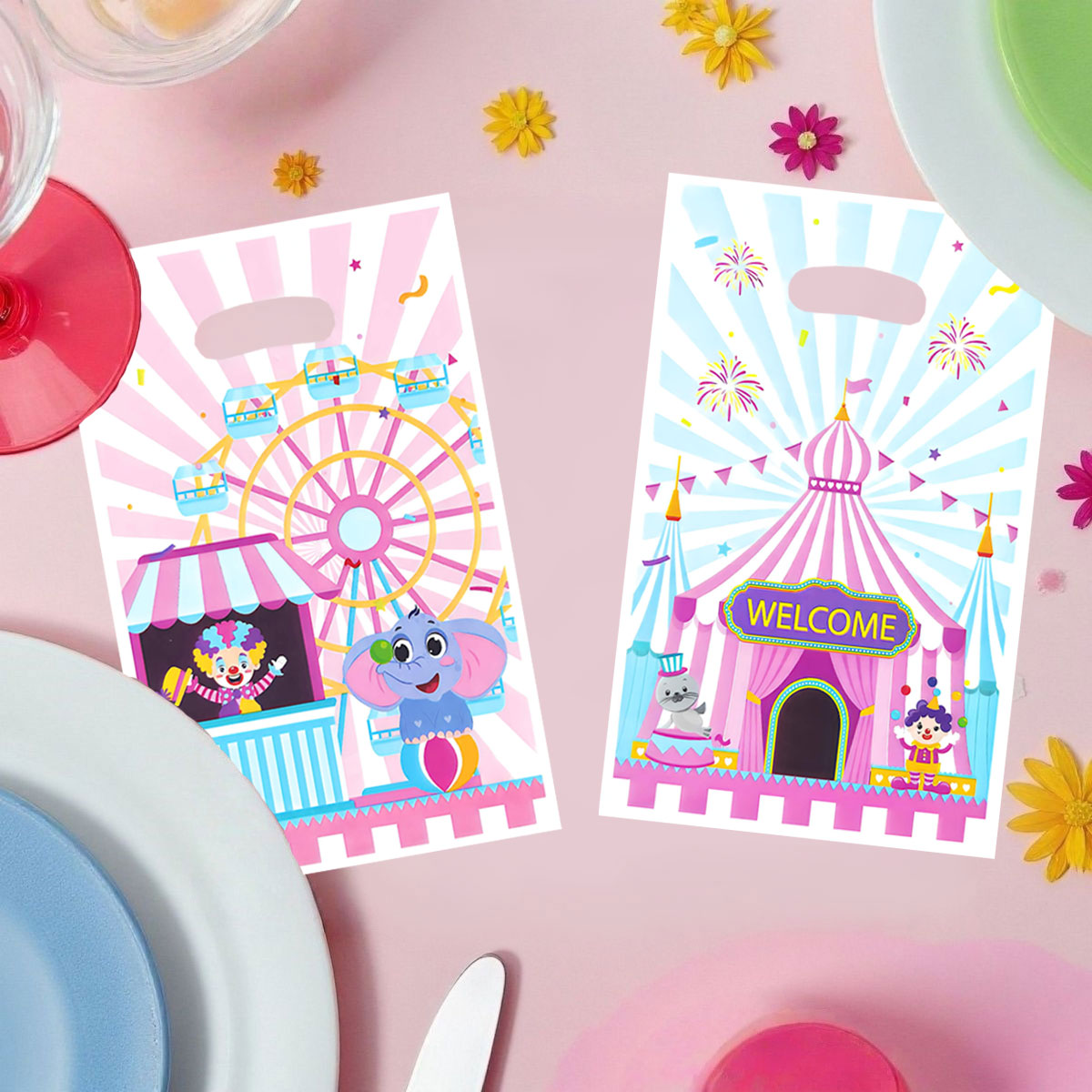 Wedding Party Supply Store - ถุงของขวัญสำหรับงานปาร์ตี้ 20 ชิ้น/40 ชิ้น ถุงของขวัญที่มีธีมสวนสนุกและละครสัตว์ พร้อมลายตัวตลกและช้าง