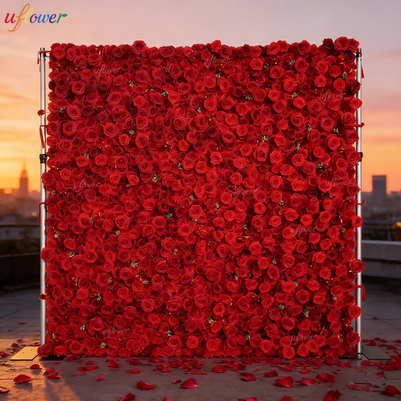 Wedding Backdrop Curtain - ผนังดอกกุหลาบแดงประดิษฐ์ Uflower ผ้าสีแดงเบอร์กันดี ม้วนเก็บได้ ฉากหลังงานแต่งงาน ตกแต่งงานปาร์ตี้