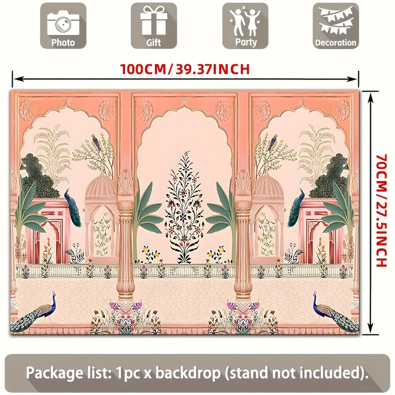 Wedding Backdrop Curtain - ฉากหลังงานแต่งงานลายดอกไม้แบบโมกุฎราชวงศ์ ประดับตกแต่งงานปาร์ตี้ ฉากหลังถ่ายรูปสีชมพูอ่อนทอง พร้อมม่านลายพระราชวัง